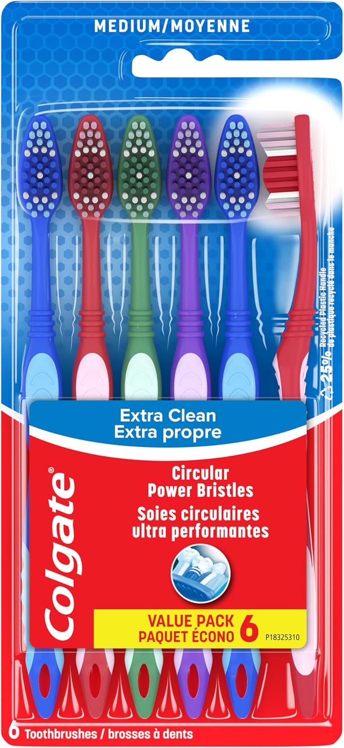 Colgate Extra Clean Toothbrush, Medium Bulk Toothbrush Pack, Adult Medium Bristle Toothbrushes with Ergonomic Handle and Circular Cleaning Bristles, Helps Remove Surface Stains, 6 Pack